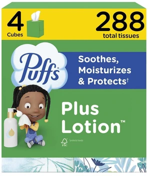 Puffs Facial Tissues Plus Lotion, 4 Mega Cube Boxes, 72 Tissues per Box, for Allergies and Colds (Packaging May Vary) Puffs Facial Tissues Plus Lotion, 4 Mega Cube Boxes, 72 Tissues per Box, for Allergies and Colds (Packaging May Vary)