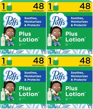 Puffs Plus Lotion Facial Tissue, Pack of 4, 48 Tissues, Cube Box Puffs Plus Lotion Facial Tissue, Pack of 4, 48 Tissues, Cube Box