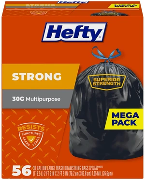 Hefty Strong 30 Gallon Trash Bags, Drawstring, Puncture, Leak, and Tear Resistant, Black, Unscented, 56 Bags Hefty Strong 30 Gallon Trash Bags, Drawstring, Puncture, Leak, and Tear Resistant, Black, Unscented, 56 Bags