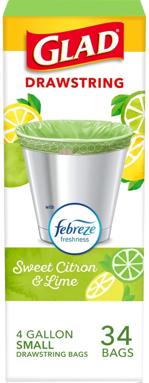 Glad Small Kitchen Drawstring Trash Bags, 4 Gallon, Febreze Sweet Citron & Lime, 34 Count Glad Small Kitchen Drawstring Trash Bags, 4 Gallon, Febreze Sweet Citron & Lime, 34 Count