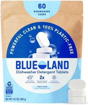 BLUELAND 100% Plastic-Free Dishwasher Detergent Tablets, 60ct, Free & Clear BLUELAND 100% Plastic-Free Dishwasher Detergent Tablets, 60ct, Free & Clear
