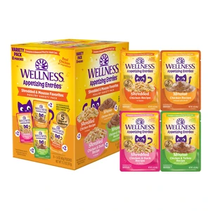 Wellness Appetizing Entres Shredded and Mousse Variety Pack Adult Wet Cat Food, Natural, Protein Rich, Grain Free, Poultry Recipes, 1.4oz, Pack of 8 Pouches Wellness Appetizing Entres Shredded and Mousse Variety Pack Adult Wet Cat Food, Natural, Protein Rich, Grain Free, Poultry Recipes, 1.4oz, Pack of 8 Pouches