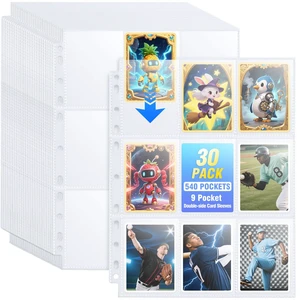30 Pack 540 Pocket Double-Sided 9 Pocket Trading Card Binder Pages for 3 Ring Binder, Clear Plastic Pages for Sport and Game Cards 30 Pack 540 Pocket Double-Sided 9 Pocket Trading Card Binder Pages for 3 Ring Binder, Clear Plastic Pages for Sport and Game Cards