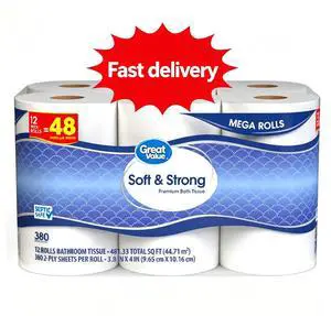 Great Value Soft & Strong Toilet Paper, 12 Mega Rolls, 380 Sheets per Roll Great Value Soft & Strong Toilet Paper, 12 Mega Rolls, 380 Sheets per Roll