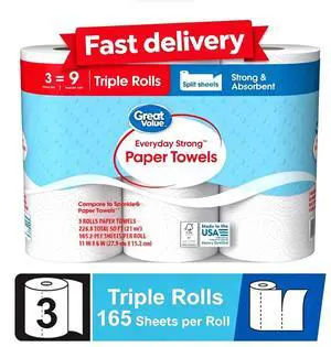 Great Value Everyday Strong Paper Towels, 3 Triple Rolls Great Value Everyday Strong Paper Towels, 3 Triple Rolls