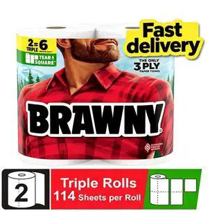 Brawny Tear-A-Square 3-Ply Paper Towels, 2 Triple Rolls, 114 Sheets per Roll Brawny Tear-A-Square 3-Ply Paper Towels, 2 Triple Rolls, 114 Sheets per Roll