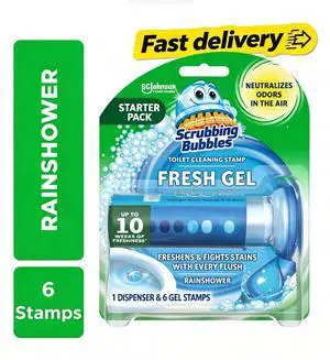 Scrubbing Bubbles Automatic Toilet Bowl Cleaner, Fresh Gel Cleaning Stamp, Rainshower, Dispenser & 6 Gel Stamps Scrubbing Bubbles Automatic Toilet Bowl Cleaner, Fresh Gel Cleaning Stamp, Rainshower, Dispenser & 6 Gel Stamps