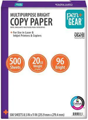 Pen+Gear Multipurpose Bright Paper, 8.5" x 11", 96 Bright, White, 20 lb., 1 Ream (500 Sheets) Pen+Gear Multipurpose Bright Paper, 8.5" x 11", 96 Bright, White, 20 lb., 1 Ream (500 Sheets)