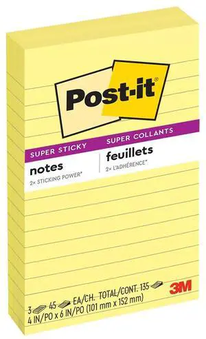 Post-it Super Sticky Lined Notes, 4" x 6", Canary Yellow, 3 Pack Post-it Super Sticky Lined Notes, 4" x 6", Canary Yellow, 3 Pack