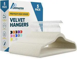 Lifemaster Velvet Clothes Hangers With 360 Degree Swivel Hook & Non-Slip Shoulder Notch, Holds Up To 10 lbs, Heavy Duty Hanger Set, For Organizing Suit, Dress, Coat, and Clothes, Pack of 5, Ivory Lifemaster Velvet Clothes Hangers With 360 Degree Swivel Hook & Non-Slip Shoulder Notch, Holds Up To 10 lbs, Heavy Duty Hanger Set, For Organizing Suit, Dress, Coat, and Clothes, Pack of 5, Ivory
