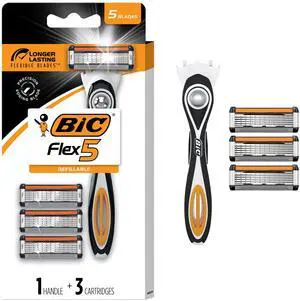 BIC Flex 5 Refillable Mens 5-Blade Razors with 1 Handle, 3 Cartridges, Dorm Essentials BIC Flex 5 Refillable Mens 5-Blade Razors with 1 Handle, 3 Cartridges, Dorm Essentials