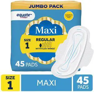 Equate Maxi Pads with Flexi-Wings, Regular Absorbency, Size 1, 45 Count Equate Maxi Pads with Flexi-Wings, Regular Absorbency, Size 1, 45 Count