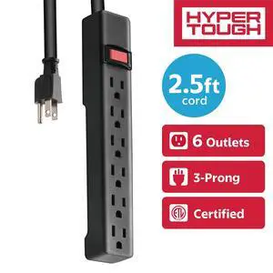 Hyper Tough 6-Outlet Indoor Power Strip, 2.5 ft Extension Cord, UL/ETL Certified, Black Hyper Tough 6-Outlet Indoor Power Strip, 2.5 ft Extension Cord, UL/ETL Certified, Black