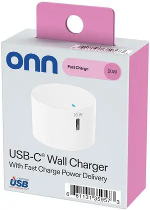 onn 20W Single USB-C Port Wall Charger, Fast Charging, USB-IF Certified, Foldable Plug, White - Compatible with iPhone 17/16/15 Series, Samsung Galaxy, Note, Pixel Devices iPad Pro, & More onn 20W Single USB-C Port Wall Charger, Fast Charging, USB-IF Certified, Foldable Plug, White - Compatible with iPhone 17/16/15 Series, Samsung Galaxy, Note, Pixel Devices iPad Pro, & More