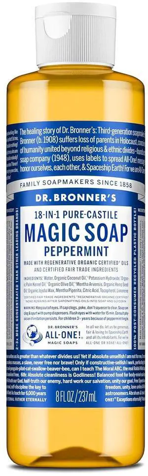Dr. Bronner's Peppermint Pure-Castile Liquid Soap, Body Wash, 8 oz Dr. Bronner's Peppermint Pure-Castile Liquid Soap, Body Wash, 8 oz