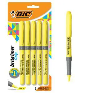 BIC Brite Liner Grip Highlighters, Chisel Tip, 5-Count Pack, Yellow BIC Brite Liner Grip Highlighters, Chisel Tip, 5-Count Pack, Yellow