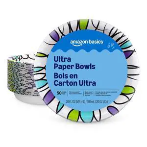 Basics Ultra Disposable Paper Bowls, 20 Oz, Microwave Safe, Soak Proof, Strong & Sturdy, White, 50 Count, Packaging May Vary Basics Ultra Disposable Paper Bowls, 20 Oz, Microwave Safe, Soak Proof, Strong & Sturdy, White, 50 Count, Packaging May Vary
