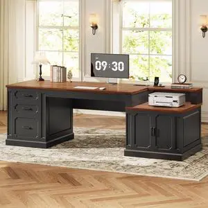 70.9" Executive Desk, Home Office Desk with File Drawers and Storage Cabinet, Computer Desk with Power Outlet for Home Office, Work Study Writing, Black+Brown 70.9" Executive Desk, Home Office Desk with File Drawers and Storage Cabinet, Computer Desk with Power Outlet for Home Office, Work Study Writing, Black+Brown
