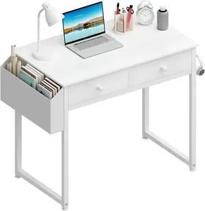 Small White Kids Desk with Drawers for Bedroom, 32 Inch Home Office Desks with Fabric Storage Drawer and Bag, Study Writing Vanity Table for Small Spaces, White Small White Kids Desk with Drawers for Bedroom, 32 Inch Home Office Desks with Fabric Storage Drawer and Bag, Study Writing Vanity Table for Small Spaces, White