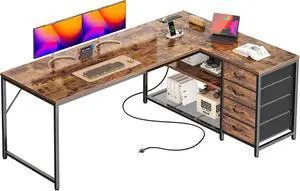 61" L Shaped Desk with Power Outlets & 4 Drawers 61" L Shaped Desk with Power Outlets & 4 Drawers