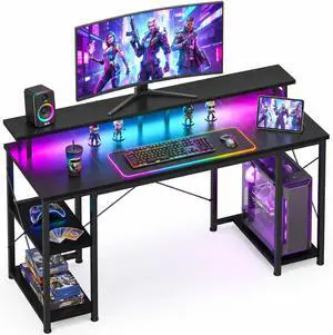 48 Inch Gaming Desk with LED Lights & Storage Shelves, Black 48 Inch Gaming Desk with LED Lights & Storage Shelves, Black