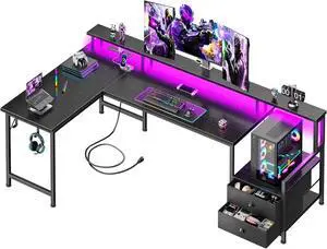 66' L Shaped Gaming Desk with Storage Drawers, Power Outlets, LED 66' L Shaped Gaming Desk with Storage Drawers, Power Outlets, LED