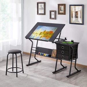 Tilting Drafting Table Art Craft Desk with Stool, Drawers, Black | Steel frame and MDF top adjusts 0-40° for drawing or diamond painting; 3 drawers and shelf organize supplies in small spaces. Tilting Drafting Table Art Craft Desk with Stool, Drawers, Black | Steel frame and MDF top adjusts 0-40° for drawing or diamond painting; 3 drawers and shelf organize supplies in small spaces.