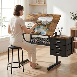 Wood Adjustable Drafting Table with Stool & 3 Drawers, Tilting Art Desk for Drawing & Crafting, Multi-Functional Study & Office Desk Wood Adjustable Drafting Table with Stool & 3 Drawers, Tilting Art Desk for Drawing & Crafting, Multi-Functional Study & Office Desk