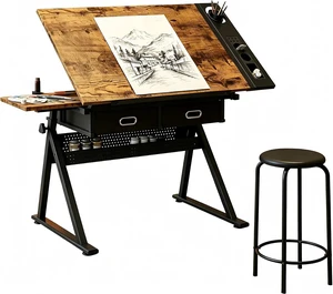 Height Adjustable Drafting Table, 0-75°Tilting Drawing Desk | Artist Table w/Stool, Multifunctional Art Craft Workstation with 2 Storage Drawers for Home Office Reading Writing Crafting Height Adjustable Drafting Table, 0-75°Tilting Drawing Desk | Artist Table w/Stool, Multifunctional Art Craft Workstation with 2 Storage Drawers for Home Office Reading Writing Crafting