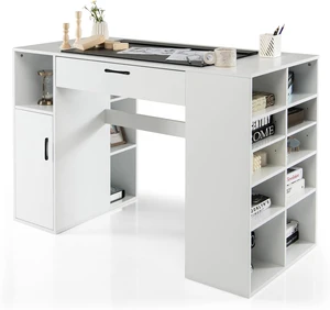 Craft Table with Storage, Artwork Sewing Table 14 Large & Small Storage Compartments, 1 Sliding Drawer, 1 Cabinet with 2 Shelves, 36' Counter Height Drafting Writing Sewing Station Desk Craft Table with Storage, Artwork Sewing Table 14 Large & Small Storage Compartments, 1 Sliding Drawer, 1 Cabinet with 2 Shelves, 36' Counter Height Drafting Writing Sewing Station Desk
