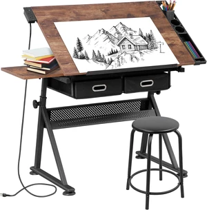 Drafting Table Set with Charging Station, Height Adjustable Tilting Drawing Desk Artist Desk with Stool Multifunctional Art Craft Workstation with 2 Storage Drawers for Home Office School Drafting Table Set with Charging Station, Height Adjustable Tilting Drawing Desk Artist Desk with Stool Multifunctional Art Craft Workstation with 2 Storage Drawers for Home Office School