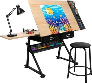 Drafting Table Art Desk with 2 Storage Drawers, Height Adjustable Drawing Table for Painters, Working, Writing, Home Office, Natural Drafting Table Art Desk with 2 Storage Drawers, Height Adjustable Drawing Table for Painters, Working, Writing, Home Office, Natural
