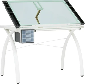 Futura Craft & Drawing Table with Adjustable Tempered Safety Glass Top Modern Art Desk with Storage Drawers, Pencil Ledge, Matte Ivory/Sea Green Glass Futura Craft & Drawing Table with Adjustable Tempered Safety Glass Top Modern Art Desk with Storage Drawers, Pencil Ledge, Matte Ivory/Sea Green Glass