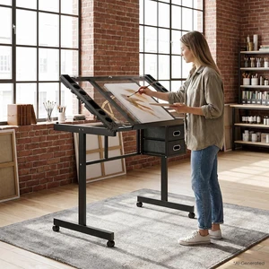 Rolling Drafting Table on Wheels, Painting Table Art Craft Desk Crafting Table with Tilting Transparent Tempered Glass Top, 2 Fabric Storage Drawers and 4 Wheels (Black) Rolling Drafting Table on Wheels, Painting Table Art Craft Desk Crafting Table with Tilting Transparent Tempered Glass Top, 2 Fabric Storage Drawers and 4 Wheels (Black)