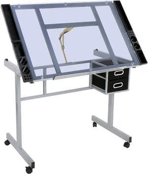 Adjustable Drafting Table Drawing Desk Art Craft Station Drafting Desk Glass Tabletop w/2 Slide Drawers and Wheels for Drawing, Sketching, Reading, Painting Home Office Adjustable Drafting Table Drawing Desk Art Craft Station Drafting Desk Glass Tabletop w/2 Slide Drawers and Wheels for Drawing, Sketching, Reading, Painting Home Office