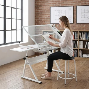 White Drafting Table with Stool Height Adjustable Art Craft Desk with Storage, Tilting Tempered Glass Tabletop, Expansion Board, Drawing Table for Home Office, Artists, Painters White Drafting Table with Stool Height Adjustable Art Craft Desk with Storage, Tilting Tempered Glass Tabletop, Expansion Board, Drawing Table for Home Office, Artists, Painters