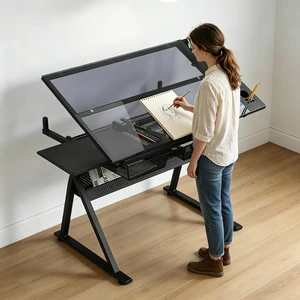 Drafting Table, Adjustable Height Drawing Table Art Table Painting Table Art Craft Desk with 0-75° Tilting Glass Tabletop and Storage Drawers, Black Drafting Table, Adjustable Height Drawing Table Art Table Painting Table Art Craft Desk with 0-75° Tilting Glass Tabletop and Storage Drawers, Black