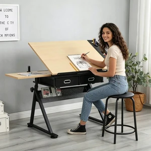 Drafting Table, Height Adjustable Drawing Table Art Table with Stool, 0-75° Tilted Tabletop Artist Desk Painting Table with Storage for Home Office School, T1-Brown Drafting Table, Height Adjustable Drawing Table Art Table with Stool, 0-75° Tilted Tabletop Artist Desk Painting Table with Storage for Home Office School, T1-Brown