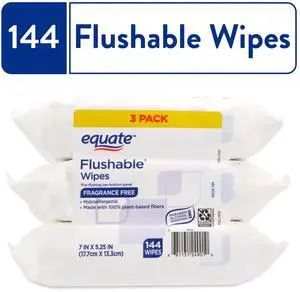 Equate Flushable Wet Wipes, Fragrance Free, 144 Wipes, 3 Pack Equate Flushable Wet Wipes, Fragrance Free, 144 Wipes, 3 Pack