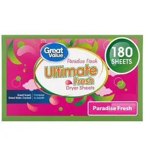 Great Value Ultimate Fresh Dryer Sheets, Paradise Fresh, 180 Count, Compare to Gain® Great Value Ultimate Fresh Dryer Sheets, Paradise Fresh, 180 Count, Compare to Gain®