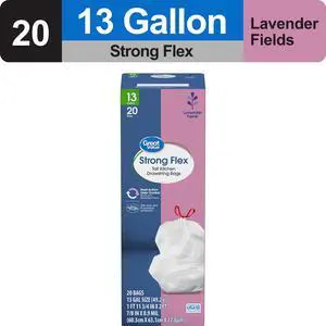 Great Value Strong Flex 13-Gallon Drawstring Tall Kitchen Trash Bags, Lavender Fields Scent, 20 Bags Great Value Strong Flex 13-Gallon Drawstring Tall Kitchen Trash Bags, Lavender Fields Scent, 20 Bags