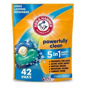 ARM & HAMMER Clean Burst 5-in-1 Laundry Detergent Power Paks, Powerfully Clean, Clean Burst Scent, 42 Count ARM & HAMMER Clean Burst 5-in-1 Laundry Detergent Power Paks, Powerfully Clean, Clean Burst Scent, 42 Count