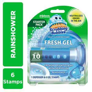 Scrubbing Bubbles Automatic Toilet Bowl Cleaner, Fresh Gel Cleaning Stamp, Rainshower, Dispenser & 6 Gel Stamps Scrubbing Bubbles Automatic Toilet Bowl Cleaner, Fresh Gel Cleaning Stamp, Rainshower, Dispenser & 6 Gel Stamps