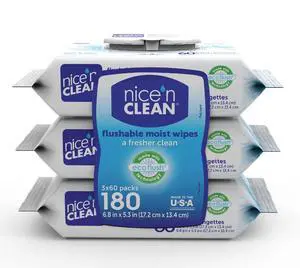 Nice N Clean Plant-Based Flushable Wet Wipes, 3 Flip-Top Packs (180 Total Wipes) Nice N Clean Plant-Based Flushable Wet Wipes, 3 Flip-Top Packs (180 Total Wipes)