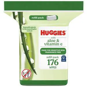 Huggies Wipes with Aloe & Vitamin E, Unscented, 1 Refill Pack, 176 Total Count Huggies Wipes with Aloe & Vitamin E, Unscented, 1 Refill Pack, 176 Total Count
