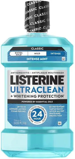 Listerine Ultraclean Intense Antiseptic Mouthwash + Whitening Protection*, Intense Mint, 1.5 L Listerine Ultraclean Intense Antiseptic Mouthwash + Whitening Protection*, Intense Mint, 1.5 L