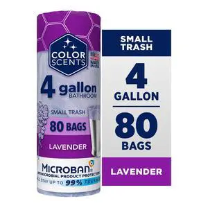 Color Scents 4 Gallon Bathroom Trash Bags Lavender Scent, Microban, Twist Tie, 80 Count Color Scents 4 Gallon Bathroom Trash Bags Lavender Scent, Microban, Twist Tie, 80 Count