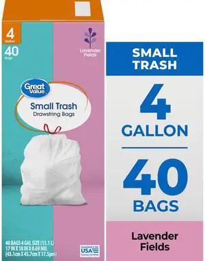 Great Value Drawstring Trash Bags, 4 gal, White, Lavender Fields, 40 Bags Great Value Drawstring Trash Bags, 4 gal, White, Lavender Fields, 40 Bags