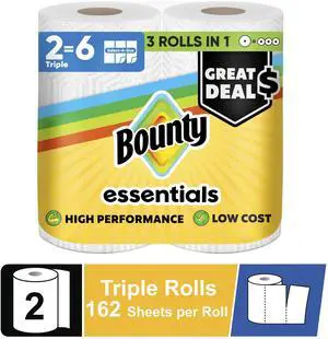 Bounty Essentials Select-A-Size Paper Towels, 2 Triple Rolls, White, 162 Sheets Per Roll Bounty Essentials Select-A-Size Paper Towels, 2 Triple Rolls, White, 162 Sheets Per Roll