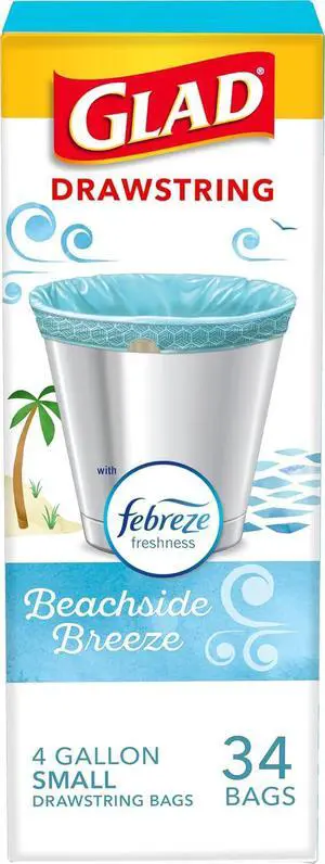 Glad Odorshield Small Drawstring Trash Bags, 4 Gal, Febreze Beachside Breeze, 34 Ct, Pack May Vary Glad Odorshield Small Drawstring Trash Bags, 4 Gal, Febreze Beachside Breeze, 34 Ct, Pack May Vary